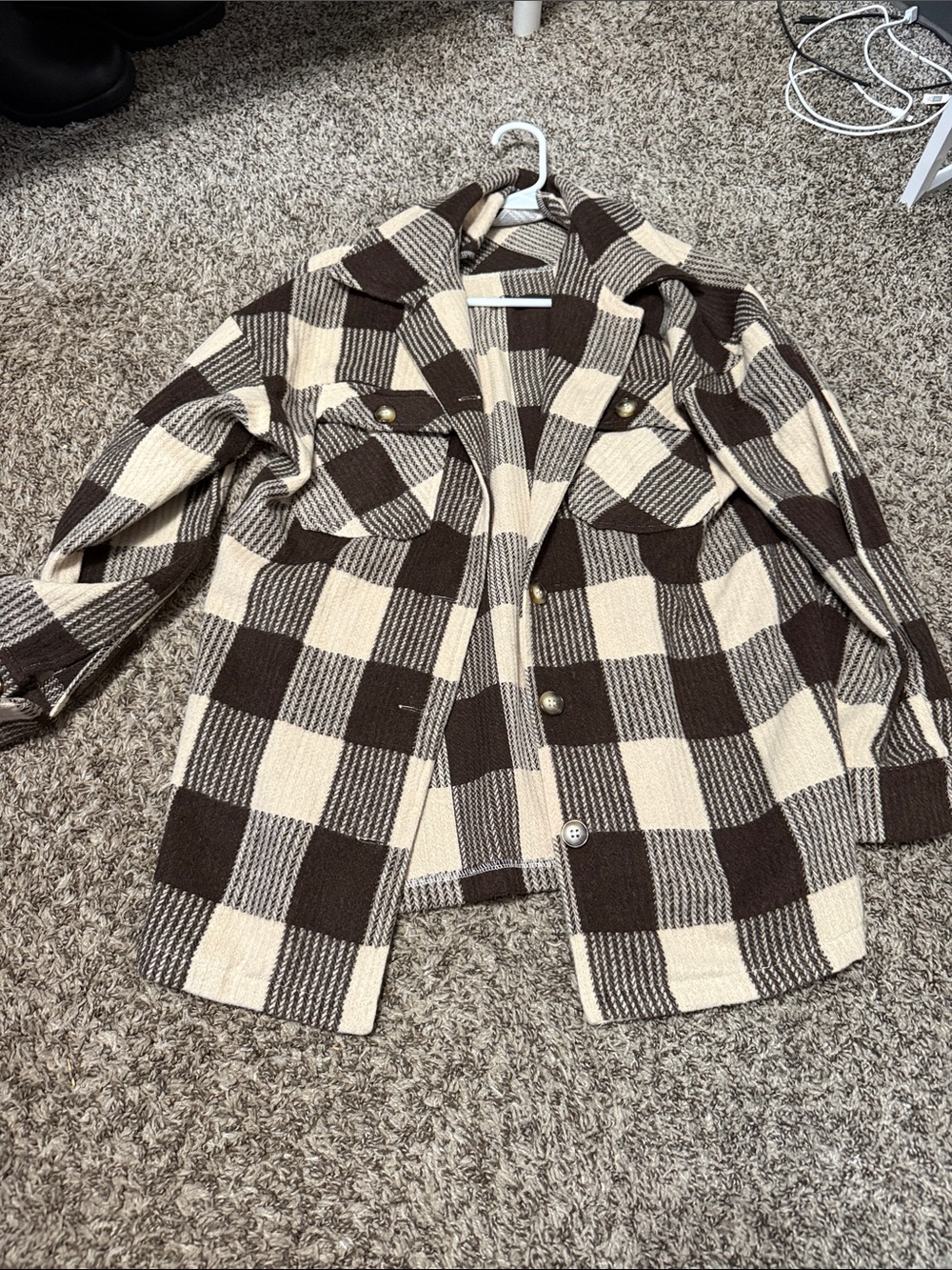 SHEIN Brown and Cream Plaid Button-Up Jacket